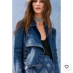 Free People Military Band Denim Jacket in Vintage Blue Moto Jacket Size XS